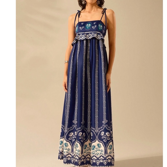 Boho Navy Blue floral Print Cut out Ruffle Maxi Dress - Picture 2 of 9